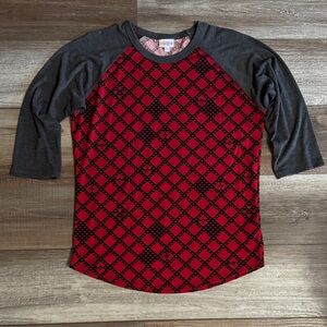 LuLaRoe Raglan Baseball Shirt - Red Pattern with Charcoal Sleeves